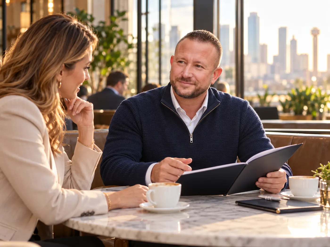 Josh Campbell in a confidential conversation with a business owner over coffee