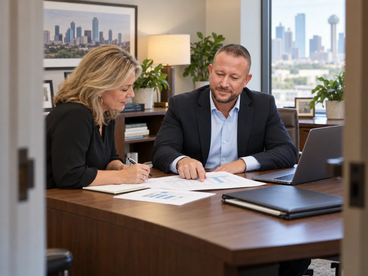 Josh Campbell reviewing financials with a business owner