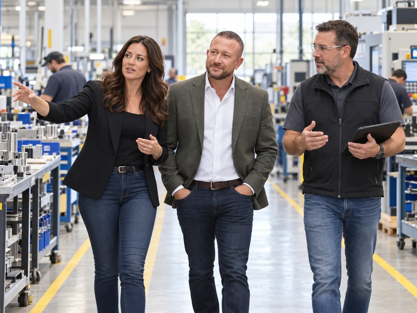 Josh Campbell walking a manufacturing floor with business owners